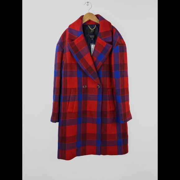 [SOLD] NWT J CREW Women Sz M Oversize Topcoat Red Blue Plaid Stadium Wool AB609 - Picture 1 of 9